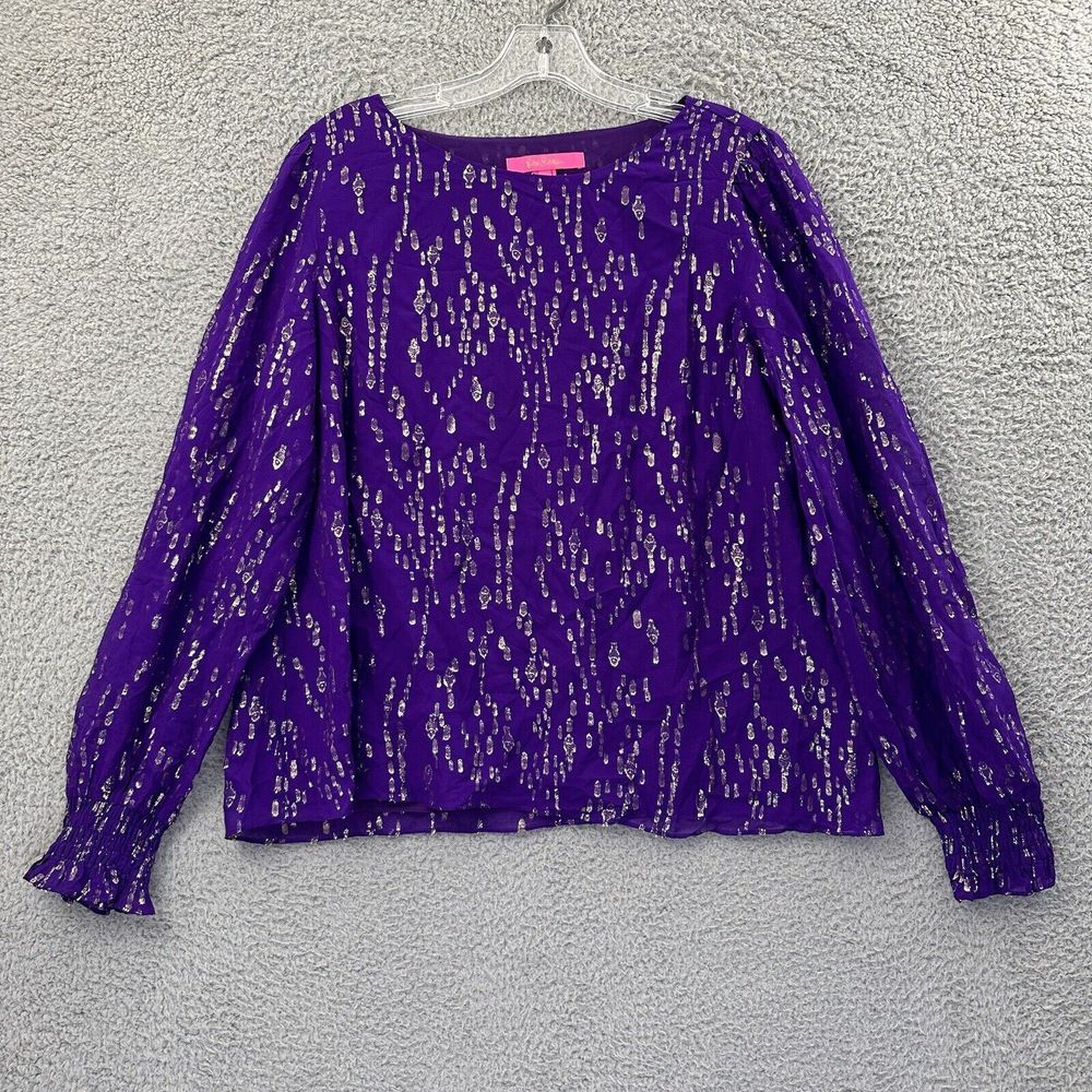 Lilly Pulitzer Idina Long Sleeve Silk Blouse Top Metallic Preppy Women's Medium‎